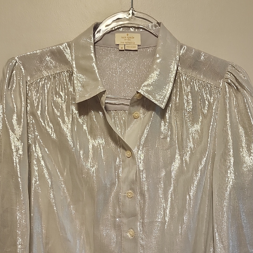 Stunning Kate Spade Shimmering Sheer Silver Long Sleeve Blouse - Picture 4 of 10